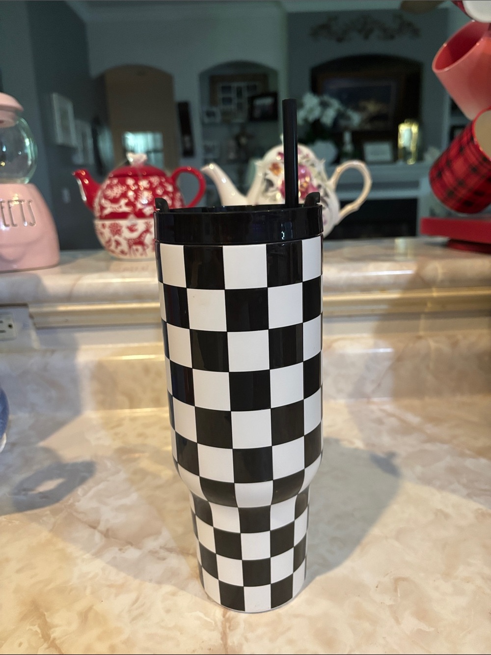 Black and White checkered flag print stainless steel cup